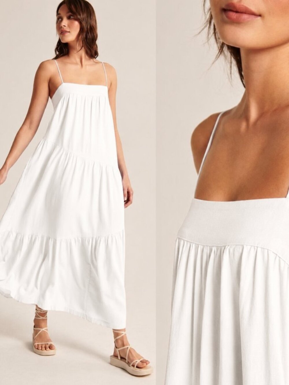 Abercrombie & Fitch Linen Blend Asymmetric Tiered Maxi Dress White Size Large